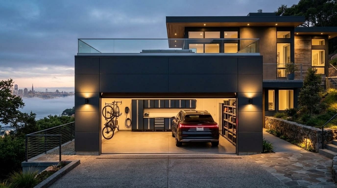 Baker and Adams Garage Door Service Garage Door Gliding Open Revealing Warm Illuminated Interior