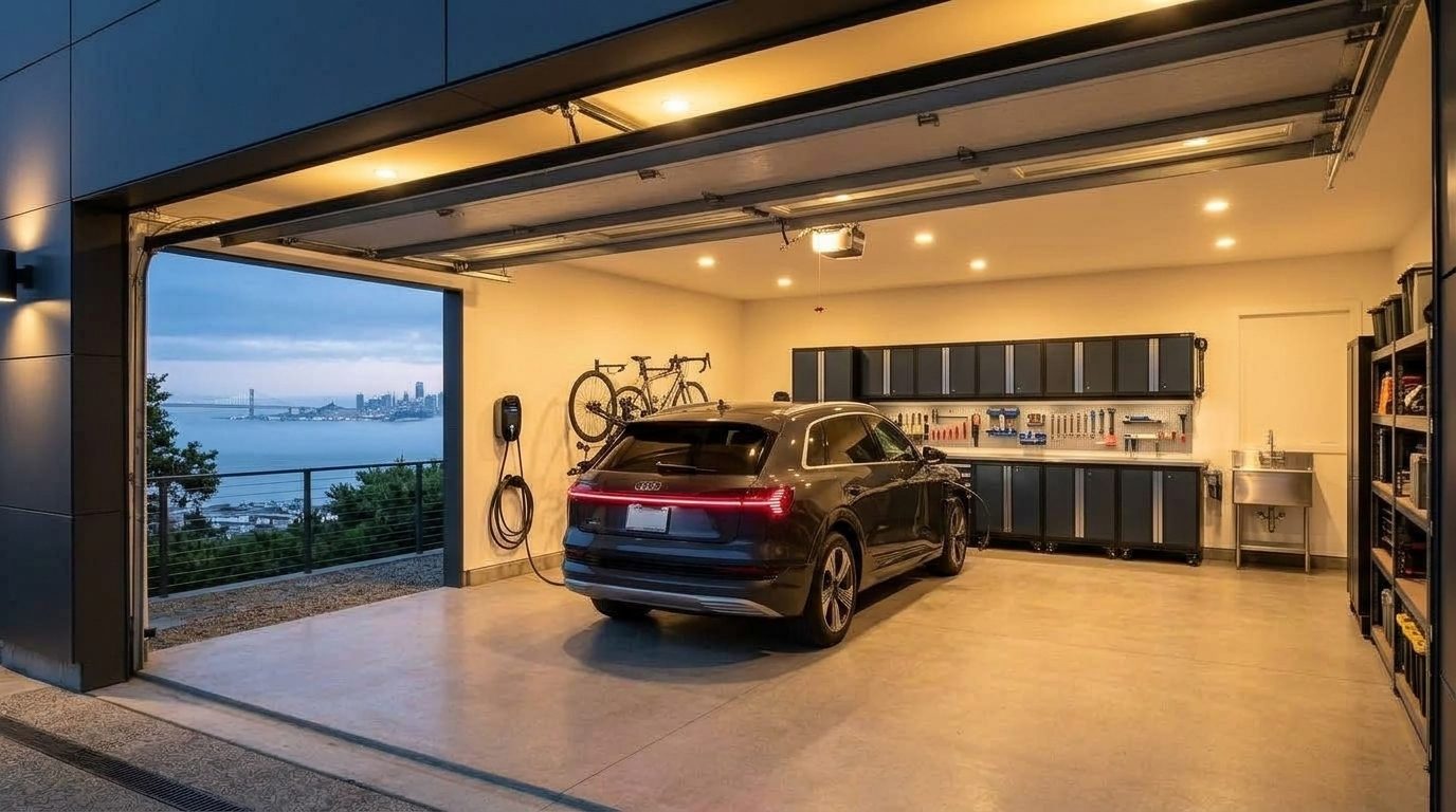 Baker and Adams Garage Door Service Interior View of Custom Garage Door Overhead and Workshop